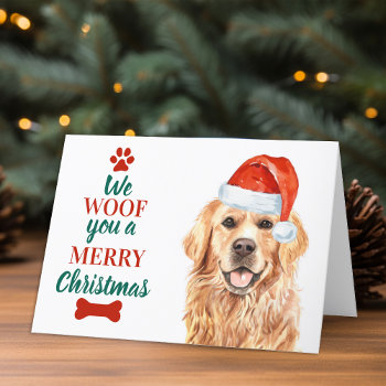Woof You Merry Christmas Cute Dog Golden Retriever Holiday Card by BlackDogArtJudy at Zazzle