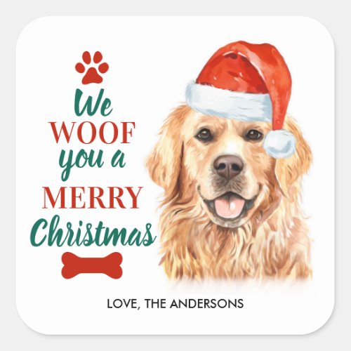 Woof You Merry Christmas Cute Dog Golden Retriever Square Sticker