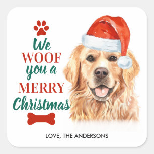 Woof You Merry Christmas Cute Dog Golden Retriever Square Sticker