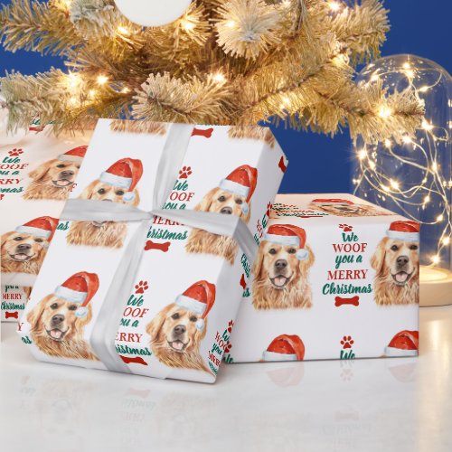 Woof You Merry Christmas Cute Dog Golden Retriever Wrapping Paper