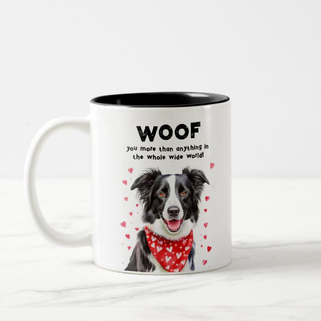 Woof you more than Border Collie Heart Bandana Two-Tone Coffee Mug (Left)
