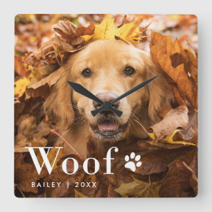 Woof Your Dog's Photo and a Paw Print Square Wall Clock