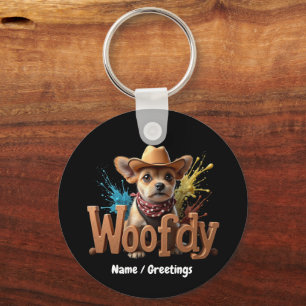 Woofdy Funny Western Cowboy Dog in Texas Keychain