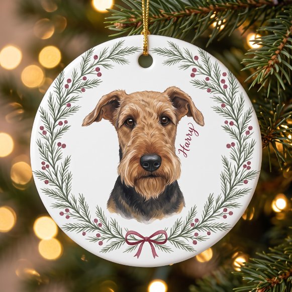 Woofkin Rustic Evergreen Berry Wreath Pet Portrait Ceramic Ornament