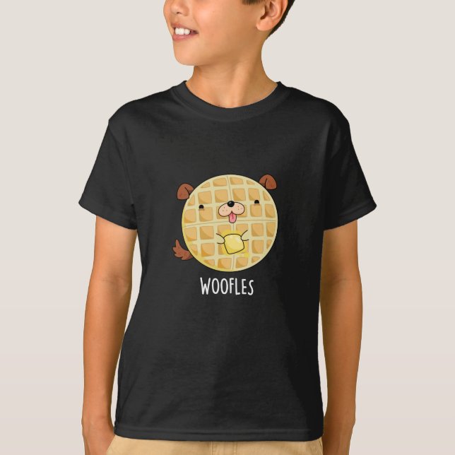 Woofles Funny Doggy Waffle Pun Dark BG T-Shirt (Front)