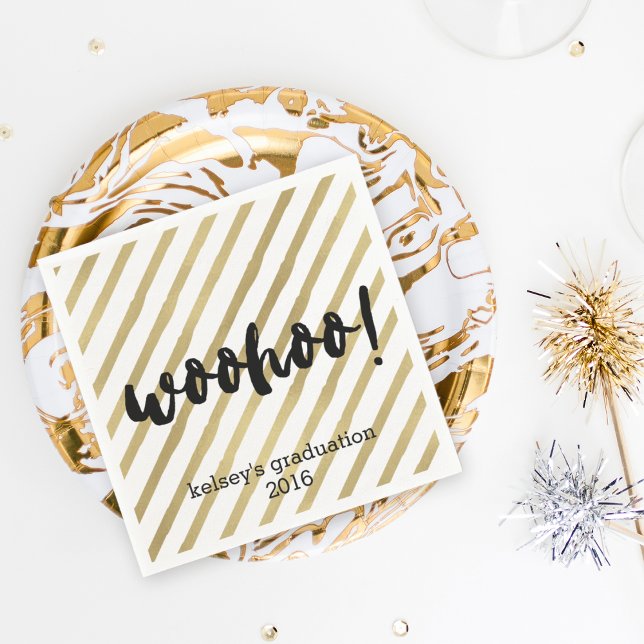 Woohoo | Black & Faux Gold Stripe Graduation Paper Napkins (Creator Uploaded)