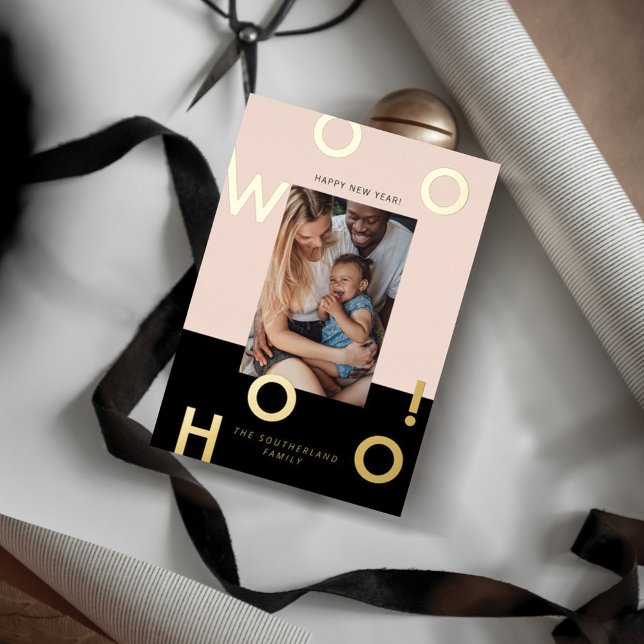 Woohoo! Happy New Year Minimal Bold Letters Photo Foil Holiday Card (Creator Uploaded)