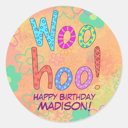 WooHoo Orange Word Art Birthday Name Personalized Classic Round Sticker