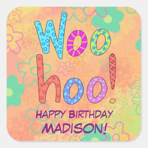 WooHoo Orange Word Art Birthday Name Personalized Square Sticker