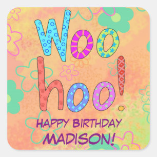 WooHoo Orange Word Art Birthday Name Personalized Square Sticker