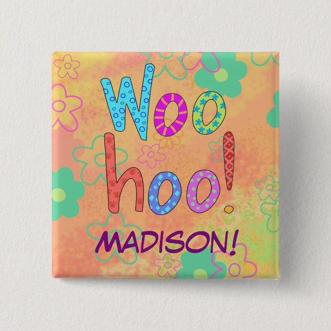 WooHoo Orange Word Text Art Name Badge Pinback Button (Front)
