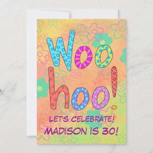 WooHoo Word Art Orange 30th Birthday Invitation