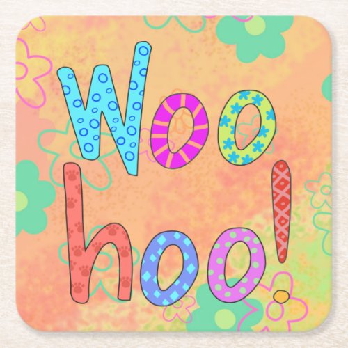 WooHoo Word Tex Art Graphic Orange Square Paper Coaster