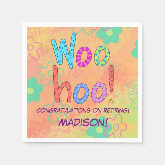 Woohoo Word Text Art Name Personalized Retirement Napkins (Front)