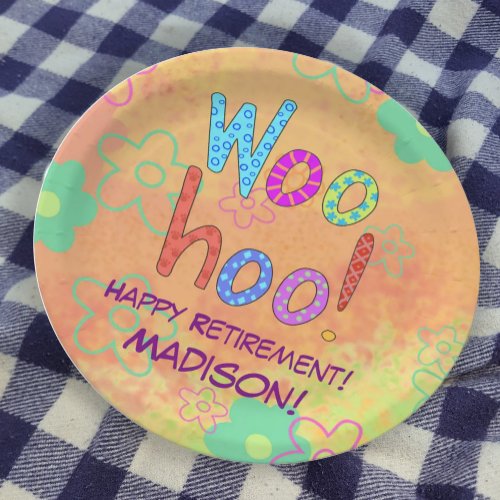 Woohoo Word Text Art Name Personalized Retirement Paper Plates