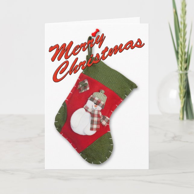 Wool Cap Snowman Plaid Scarf Christmas Stocking Holiday Card (Front)