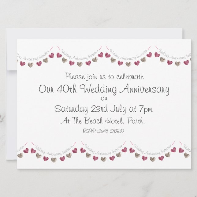 Wool heart bunting 40th Ruby Wedding Anniversary Invitation (Front)