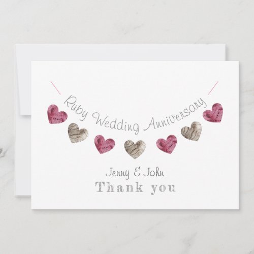 Wool heart bunting 40th Ruby Wedding Anniversary Thank You Card