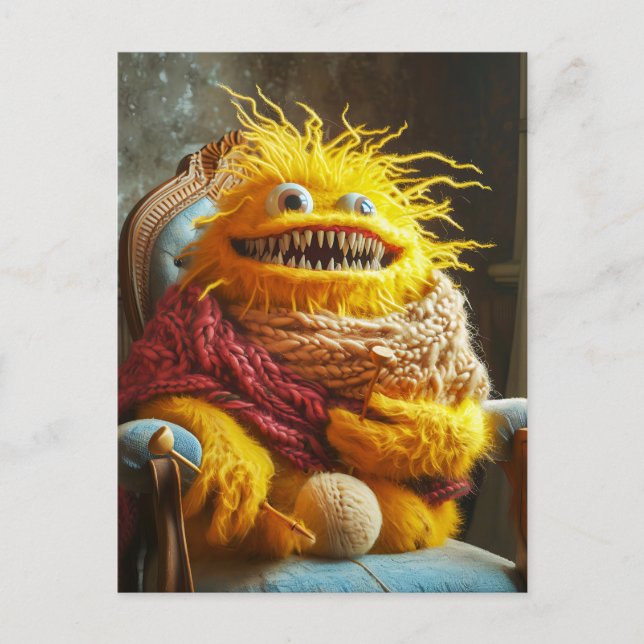 Wool monster crocheting in a chair. Funny Postcard (Front)
