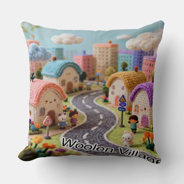 Woolen Village  Throw Pillow (Front)