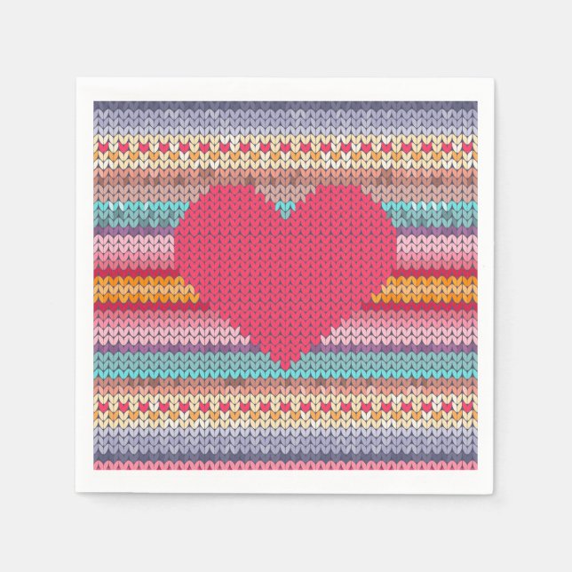 Woollen retro heart faux knit rainbow valentine napkins (Front)