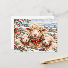 Woolly Christmas Wishes – Festive Sheep & Lambs Holiday Postcard