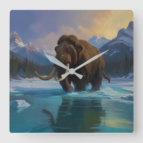 Woolly Mammoth and Rocky Mountains Square Wall Clock