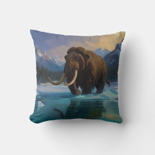 Woolly Mammoth and Rocky Mountains Throw Pillow