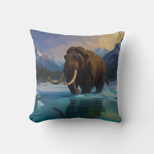 Woolly Mammoth and Rocky Mountains Throw Pillow (Front)