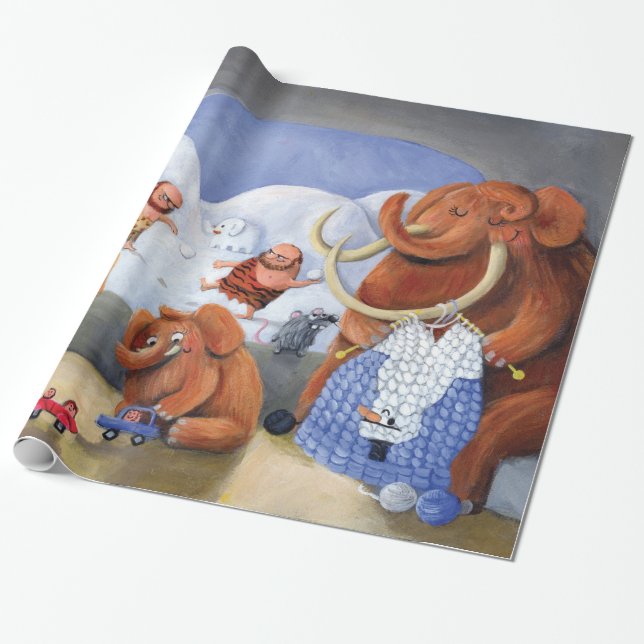 Woolly Mammoth Family in Ice Age Wrapping Paper (Unrolled)