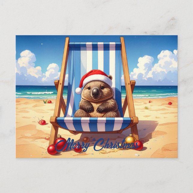 Woolly Wombat Santa hat Merry Christmas Holiday Postcard (Front)
