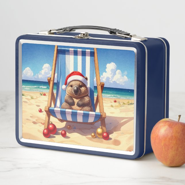 Woolly Wombat Santa hat Merry Christmas Metal Lunch Box (In Situ)