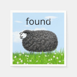 Wooly Black Sheep In Grass with "Found" Text Napkins