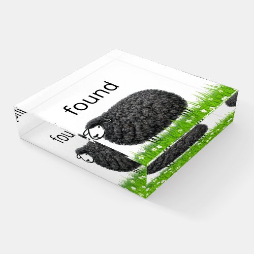 Wooly Black Sheep In Grass with Found Text Paperweight