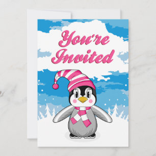 Wooly Hat Penguin Party Invite