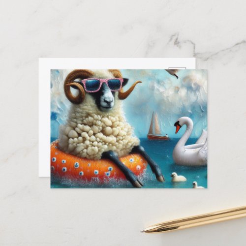 Wooly Sheep enjoys Floating in a Lake  Postcard