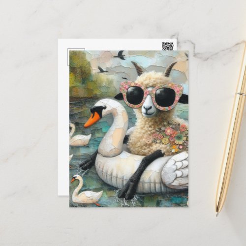 Wooly Sheep enjoys Floating in a Lake with Swans Postcard