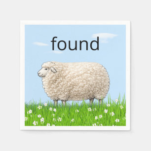 Wooly Sheep In Grass with "Found" Text Napkins