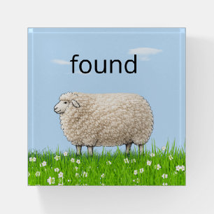 Wooly Sheep In Grass with "Found" Text Paperweight
