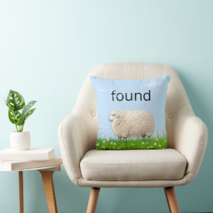 Wooly Sheep In Grass with "Found" Text Throw Pillow