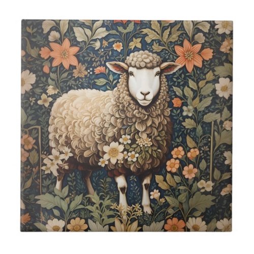 Wooly Sheep William Morris Inspired Floral Ceramic Tile
