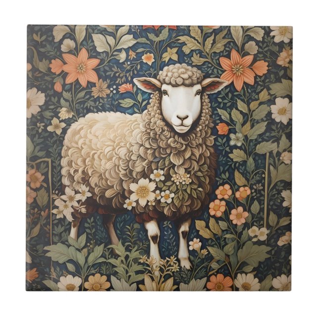 Wooly Sheep William Morris Inspired Floral Ceramic Tile (Front)