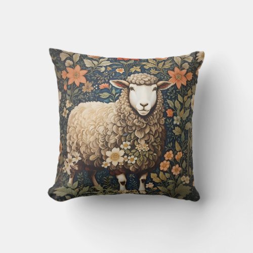 Wooly Sheep William Morris Inspired Floral Throw Pillow