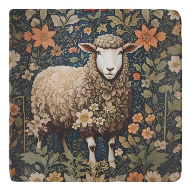Wooly Sheep William Morris Inspired Floral Trivet (Front)