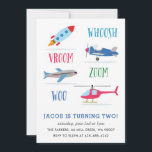 Woosh Vroom Woo Space Rocket Kid's birthday party  Invitation<br><div class="desc">A kid's birthday party invitation featuring a Rocket,  air plane,  helicopter.</div>