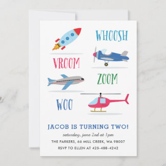 Woosh Vroom Woo Space Rocket Kid's birthday party Invitation