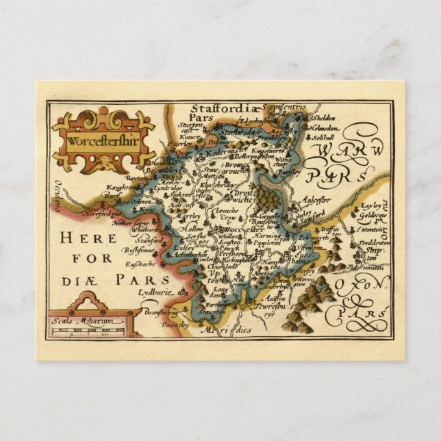 Worcestershire County England Old Antiquarian Map Postcard (Front)