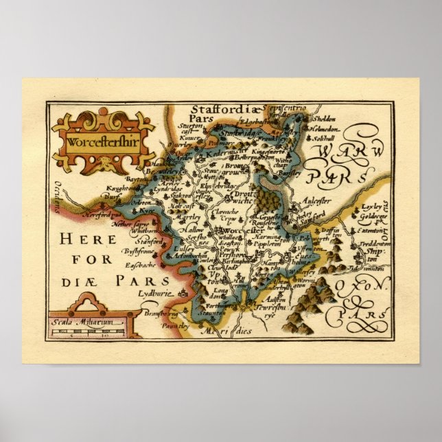 Worcestershire County England Old Antiquarian Map Poster (Front)