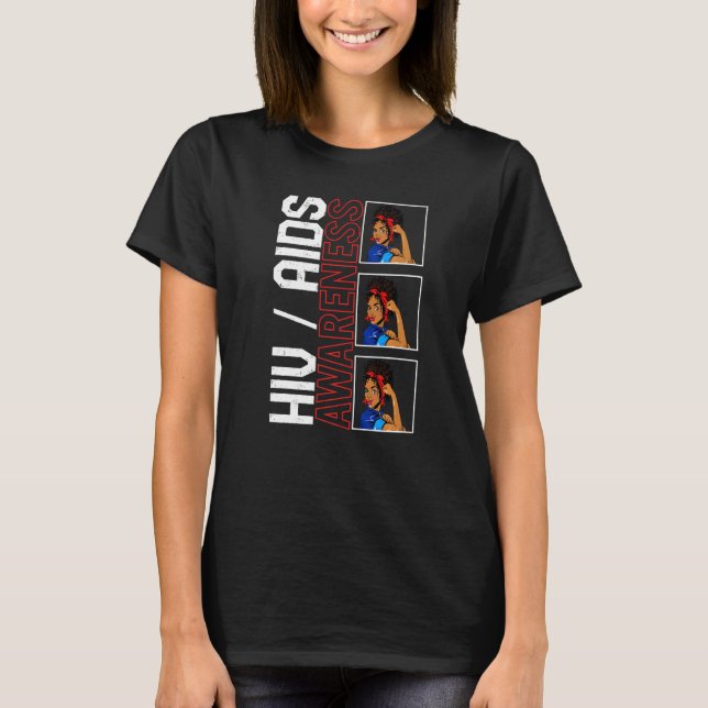 Word Aids Day HIV Awareness Red Awareness Ribbon B T-Shirt (Front)