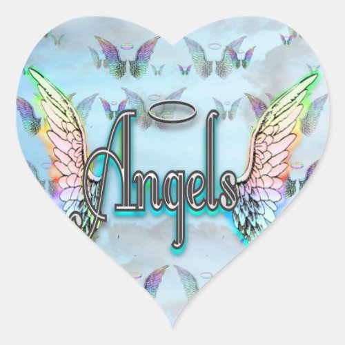 Word Art Angel with Wings  Halo _ Rainbow colored Heart Sticker